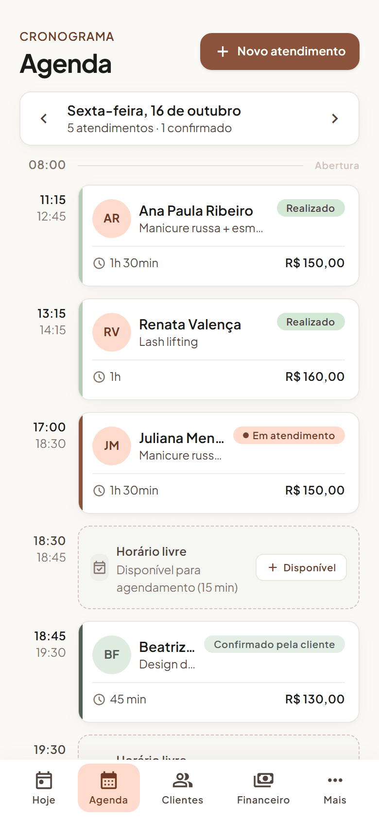 Agenda da Wivela com atendimentos do dia