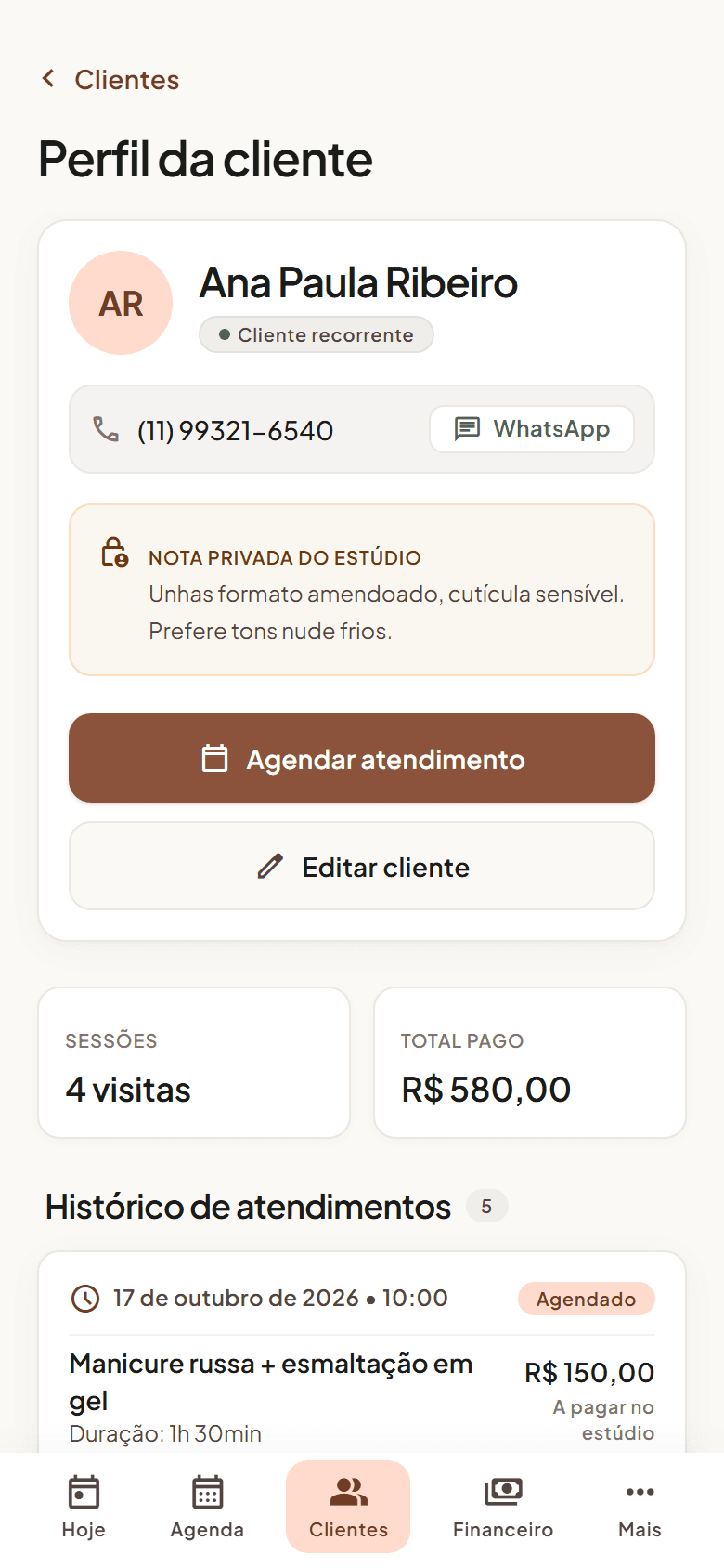 Perfil de cliente com notas e histórico