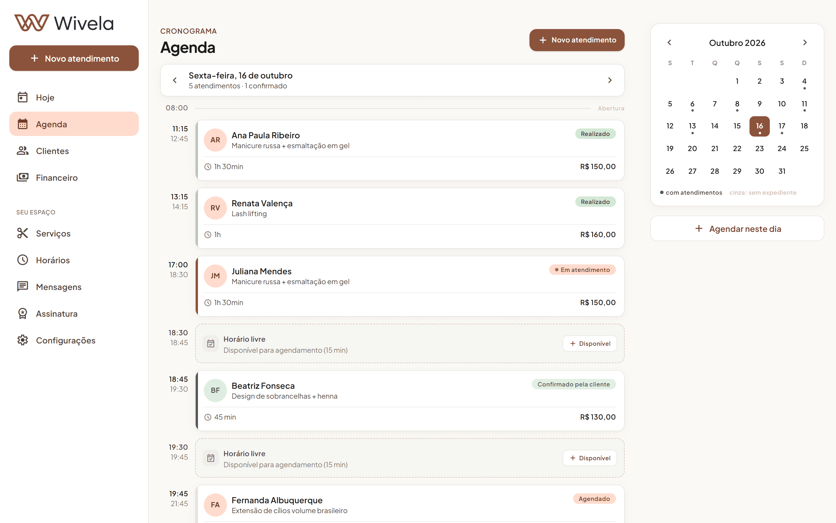 Wivela no computador: agenda com calendário do mês