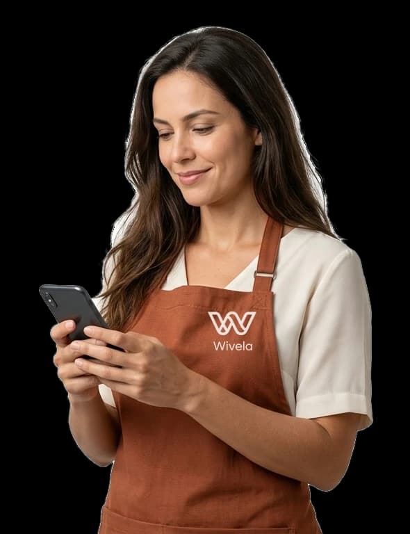 Profissional da beleza com avental Wivela conferindo a agenda no celular